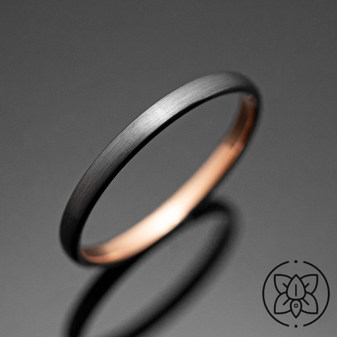 Silver Brushed Tungsten Ring in Rose Gold Inlay - in 2mm Width