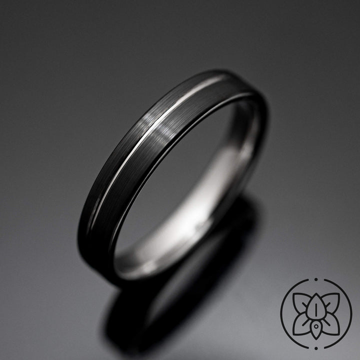 Black Silver Obsidian Tungsten Wedding Band, Brushed - in 4mm Width