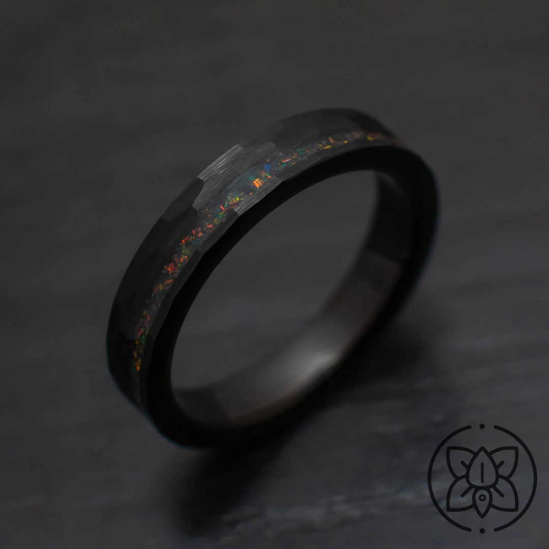 Black Hammered Wedding Ring, Black obsidian opal - in 4mm Width