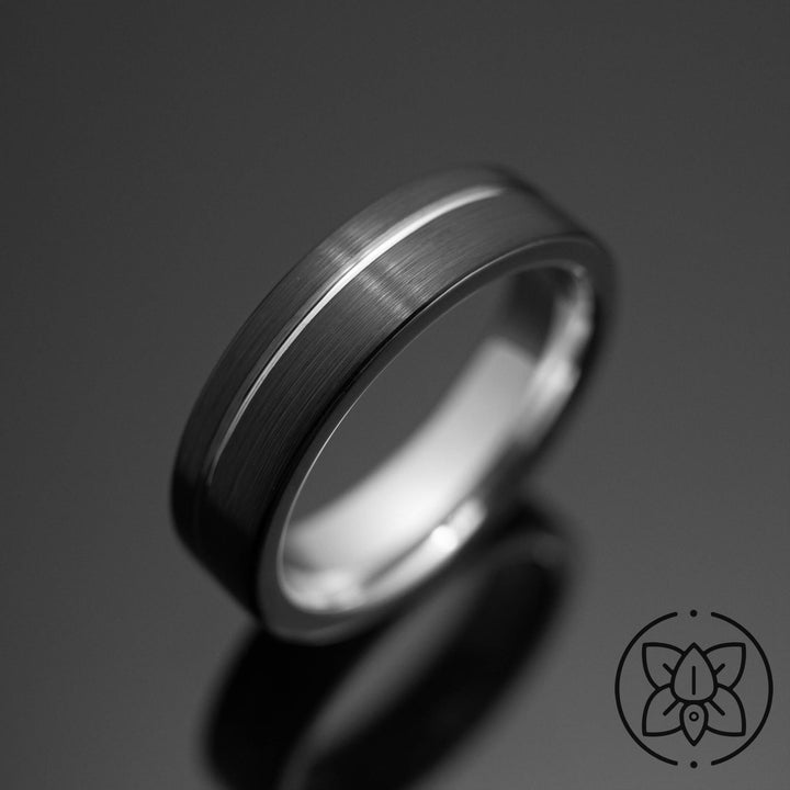 Black Silver Obsidian Tungsten Wedding Band, Brushed - in 6mm Width
