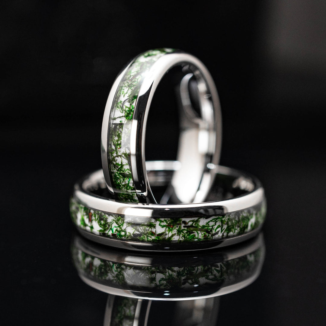 Moss Agate Gold Tungsten Wedding Ring - in 4mm Width