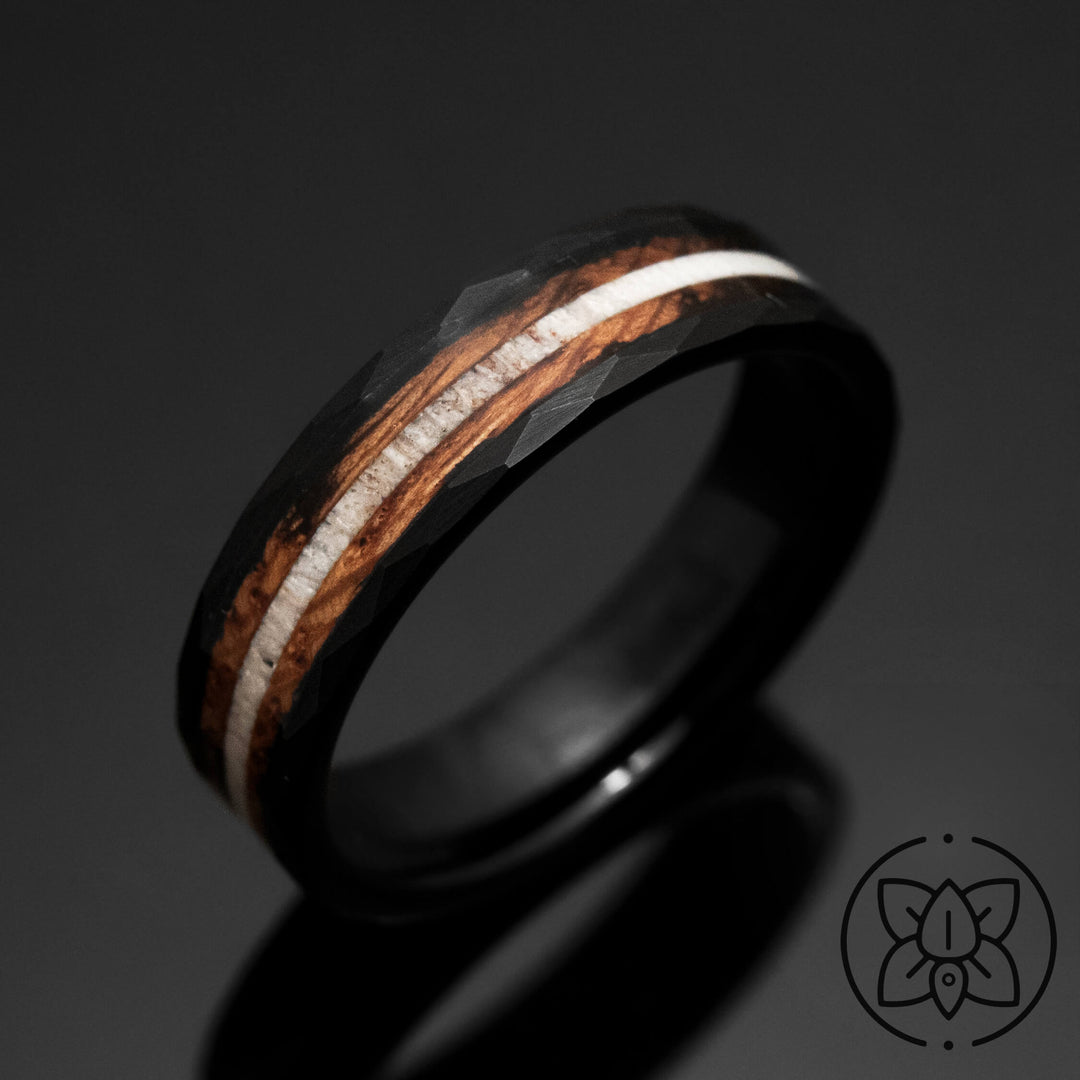 Charred Whiskey Barrel and Antler inlay Black - in 6mm Width