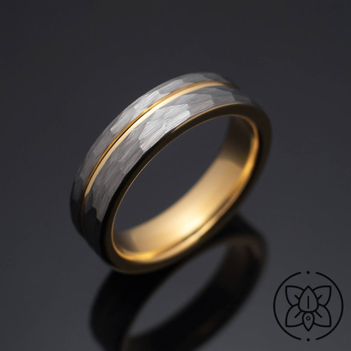 Silver Hammered Gold Strip Inlay Tungsten Wedding Band - in 6mm Width