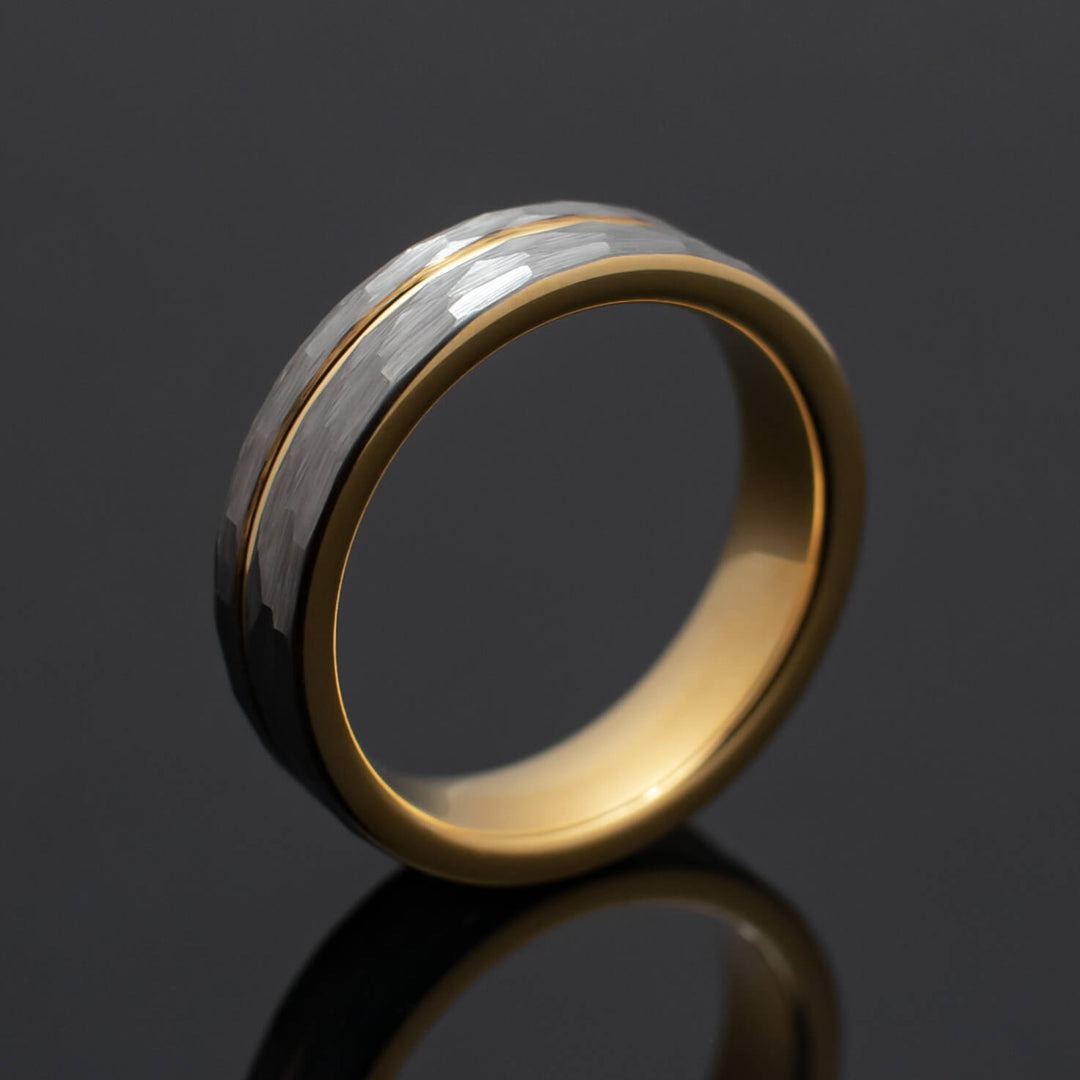 Silver Hammered Gold Strip Inlay Tungsten Wedding Band - in 6mm Width