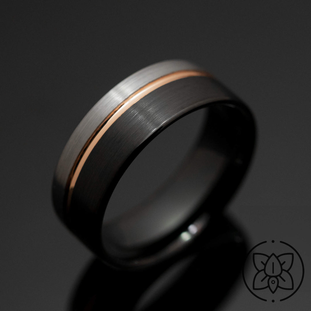 Black Silver Wedding band with Rose Gold - in 8mm Width