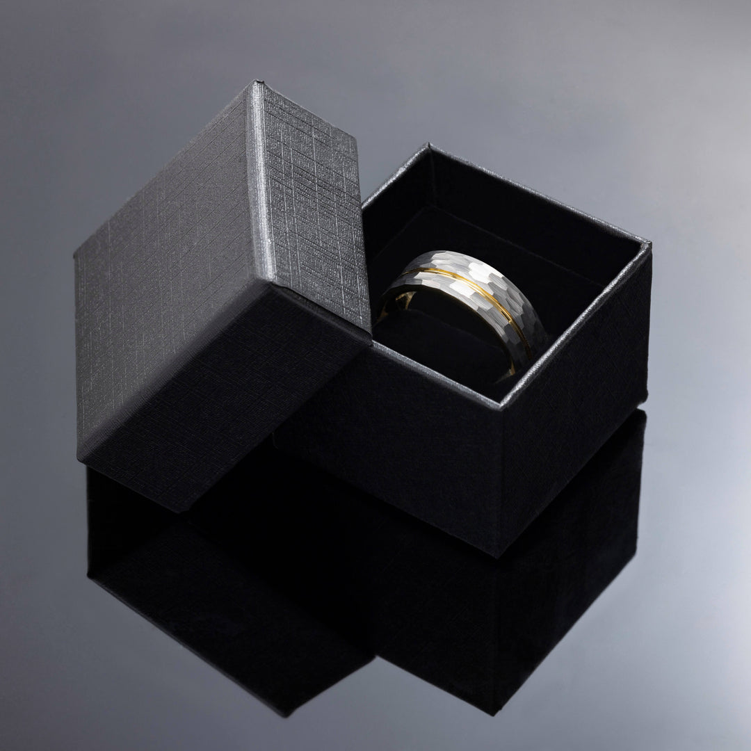 Silver Hammered Gold Strip Inlay Tungsten Wedding Band - in 8mm Width