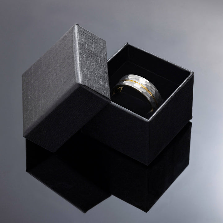 Silver Hammered Gold Strip Inlay Tungsten Wedding Band - in 8mm Width