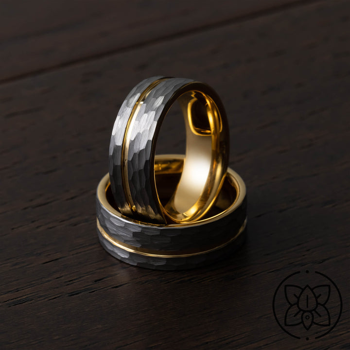 Silver Hammered Gold Strip Inlay Tungsten Wedding Band - in 8mm Width