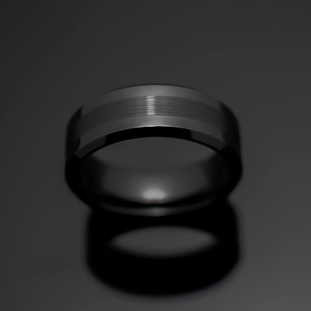 Black Obsidian Center Brush Tungsten Wedding Band - in 8mm Width