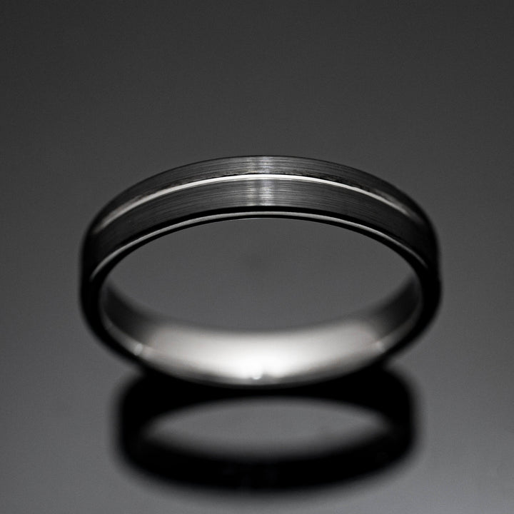 Black Silver Obsidian Tungsten Wedding Band, Brushed - in 4mm Width