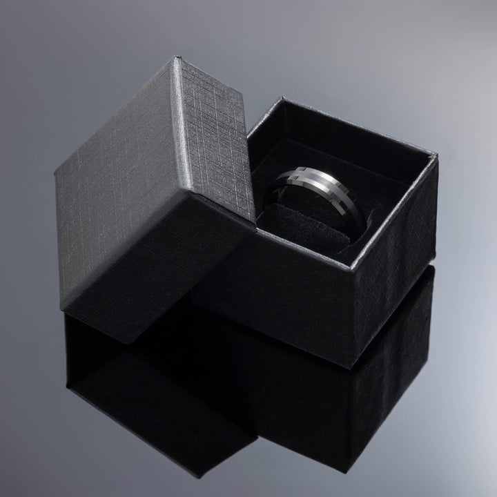 Black Obsidian Center Brush Tungsten Wedding Band - in 6mm Width