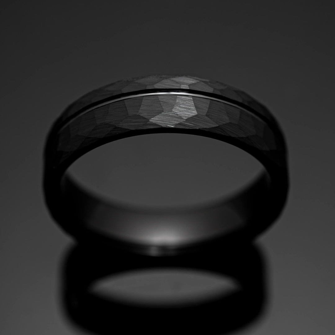 Black Hammered Strip Wedding Ring - in 6mm Width