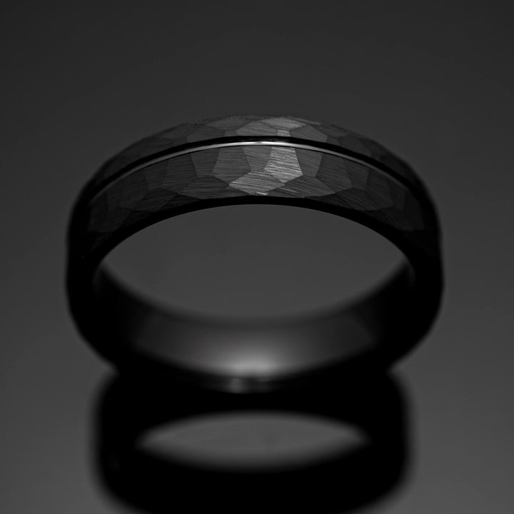 Black Hammered Strip Wedding Ring - in 6mm Width