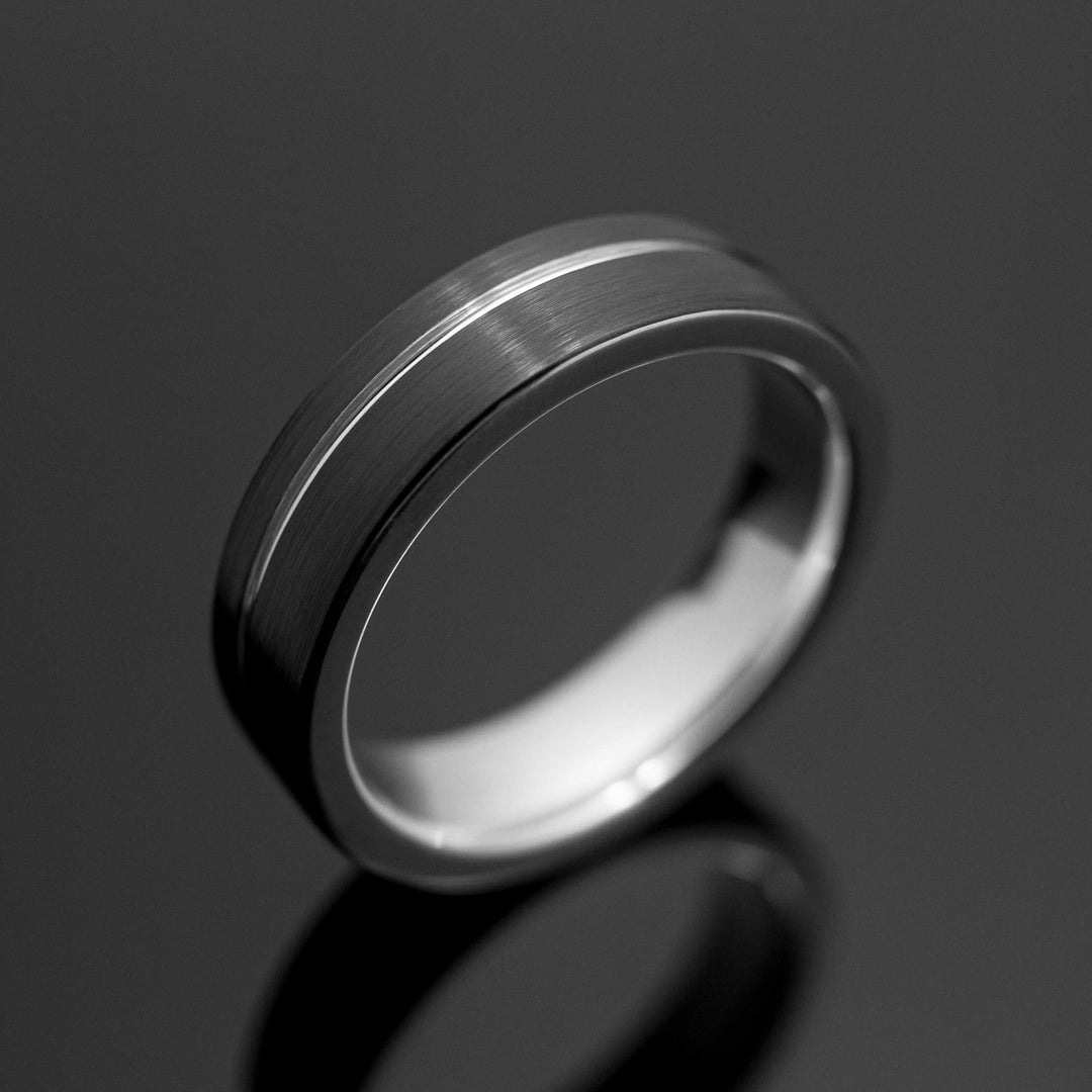 Black Silver Obsidian Tungsten Wedding Band, Brushed - in 6mm Width