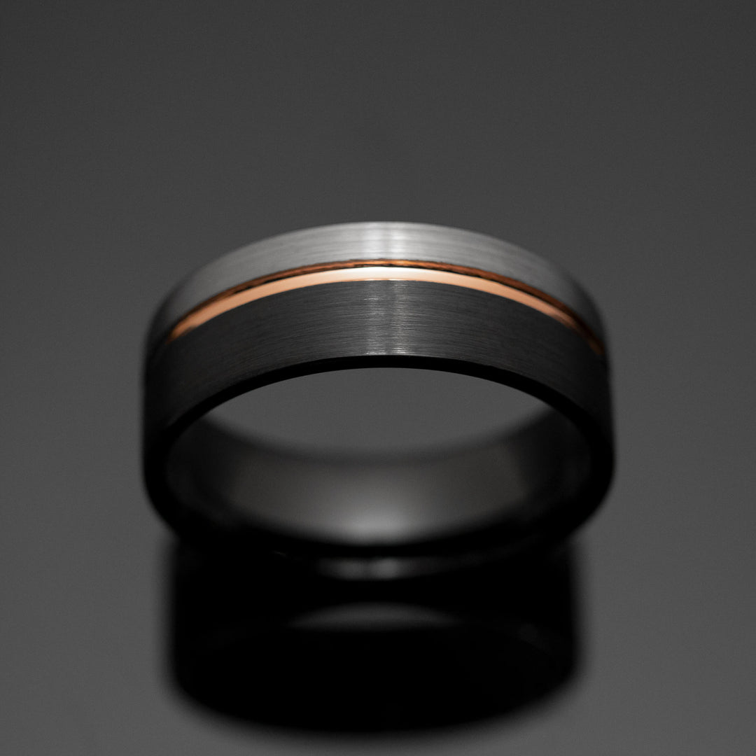 Black Silver Wedding band with Rose Gold - in 8mm Width
