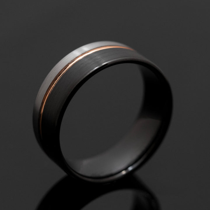 Black Silver Wedding band with Rose Gold - in 8mm Width