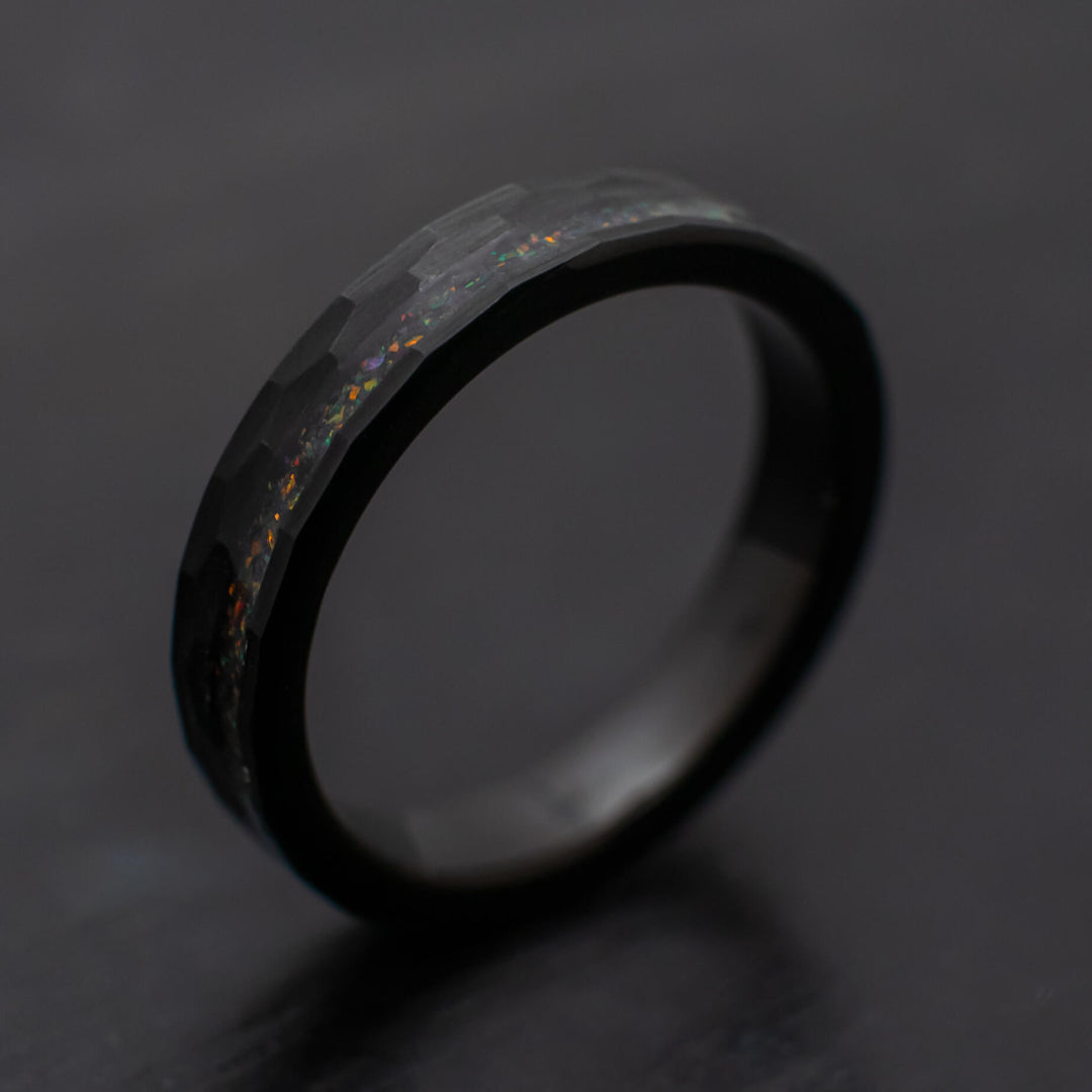 Black Hammered Wedding Ring, Black obsidian opal - in 4mm Width