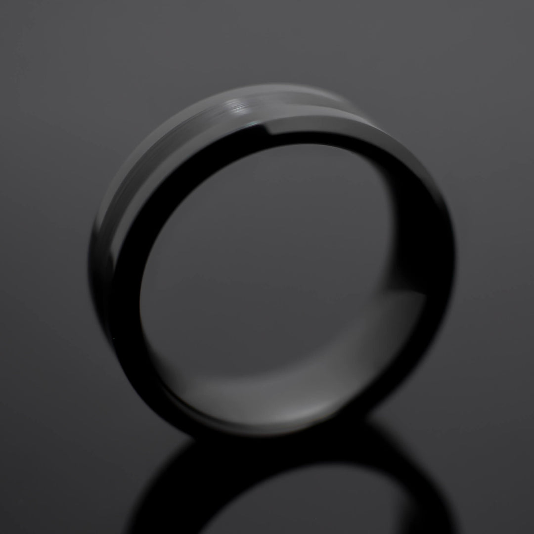 Black Obsidian Center Brush Tungsten Wedding Band - in 8mm Width