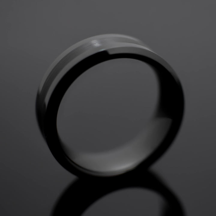Black Obsidian Center Brush Tungsten Wedding Band - in 8mm Width