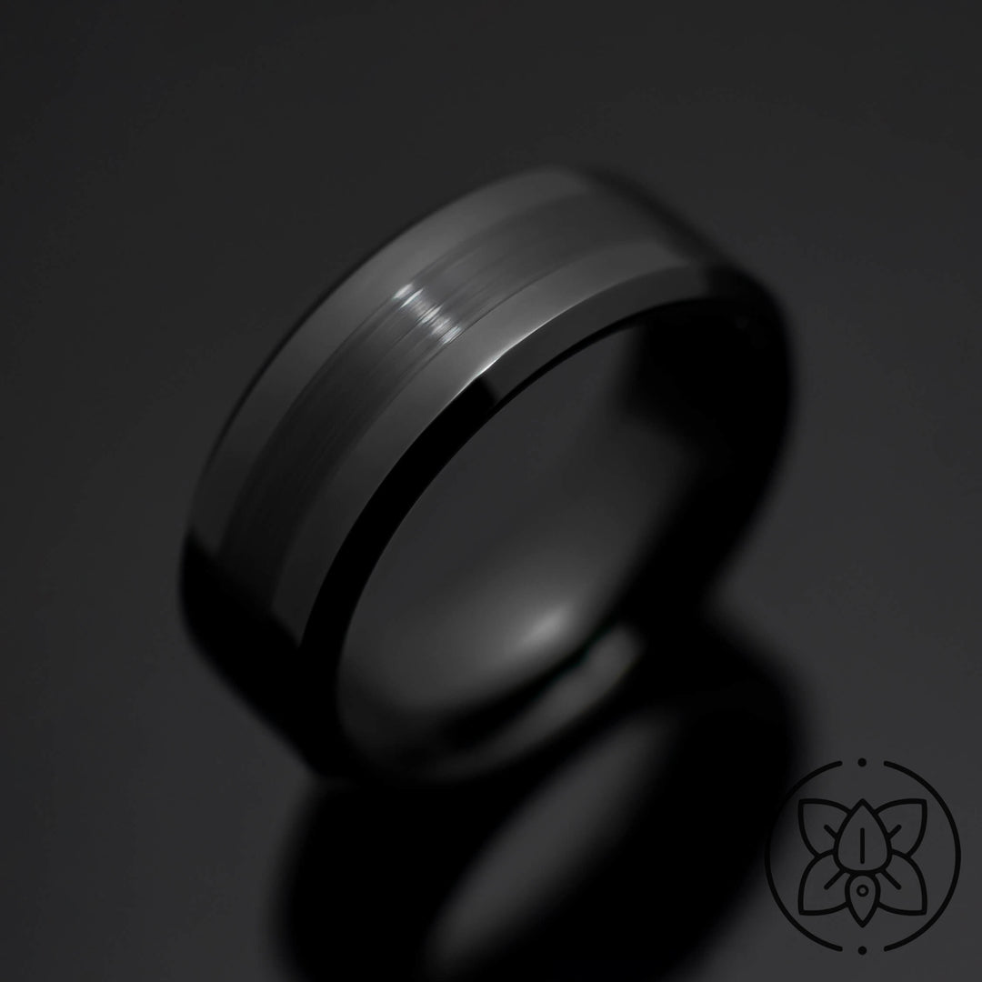 Black Obsidian Center Brush Tungsten Wedding Band - in 8mm Width