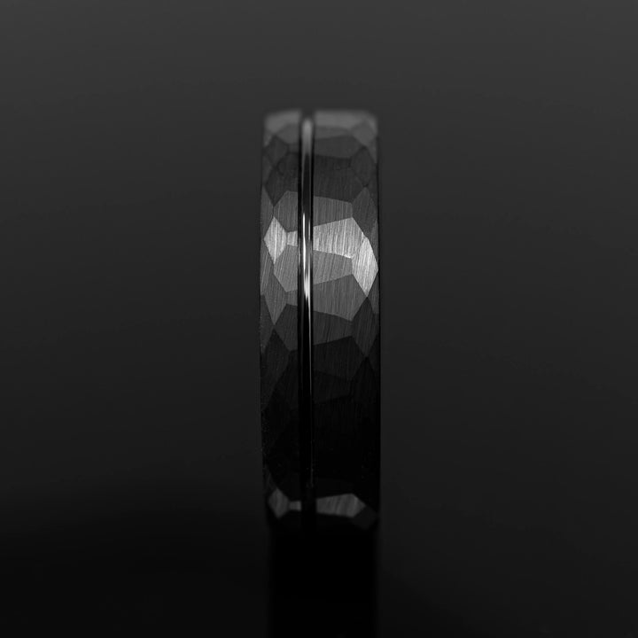 Black Hammered Strip Wedding Ring - in 6mm Width