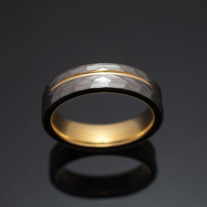 Silver Hammered Gold Strip Inlay Tungsten Wedding Band - in 6mm Width