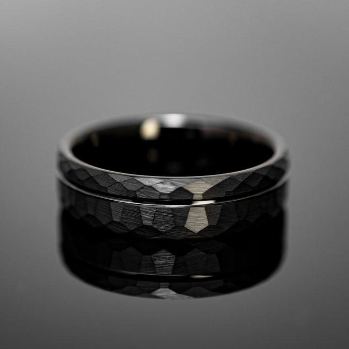 Black Hammered Strip Wedding Ring - in 6mm Width