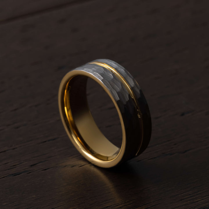 Silver Hammered Gold Strip Inlay Tungsten Wedding Band - in 8mm Width
