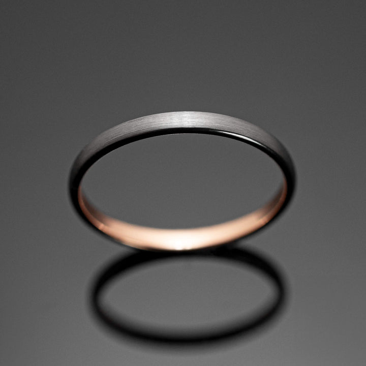 Silver Brushed Tungsten Ring in Rose Gold Inlay - in 2mm Width