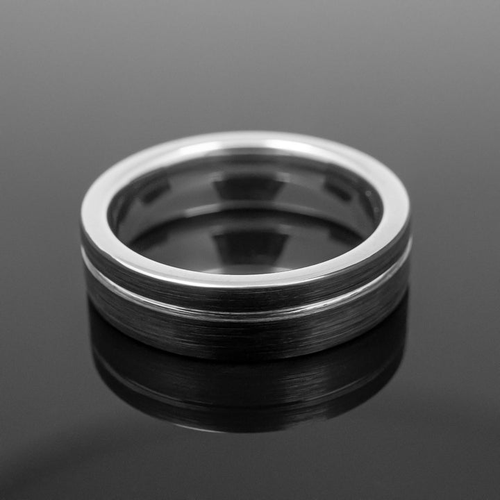 Black Silver Obsidian Tungsten Wedding Band, Brushed - in 6mm Width