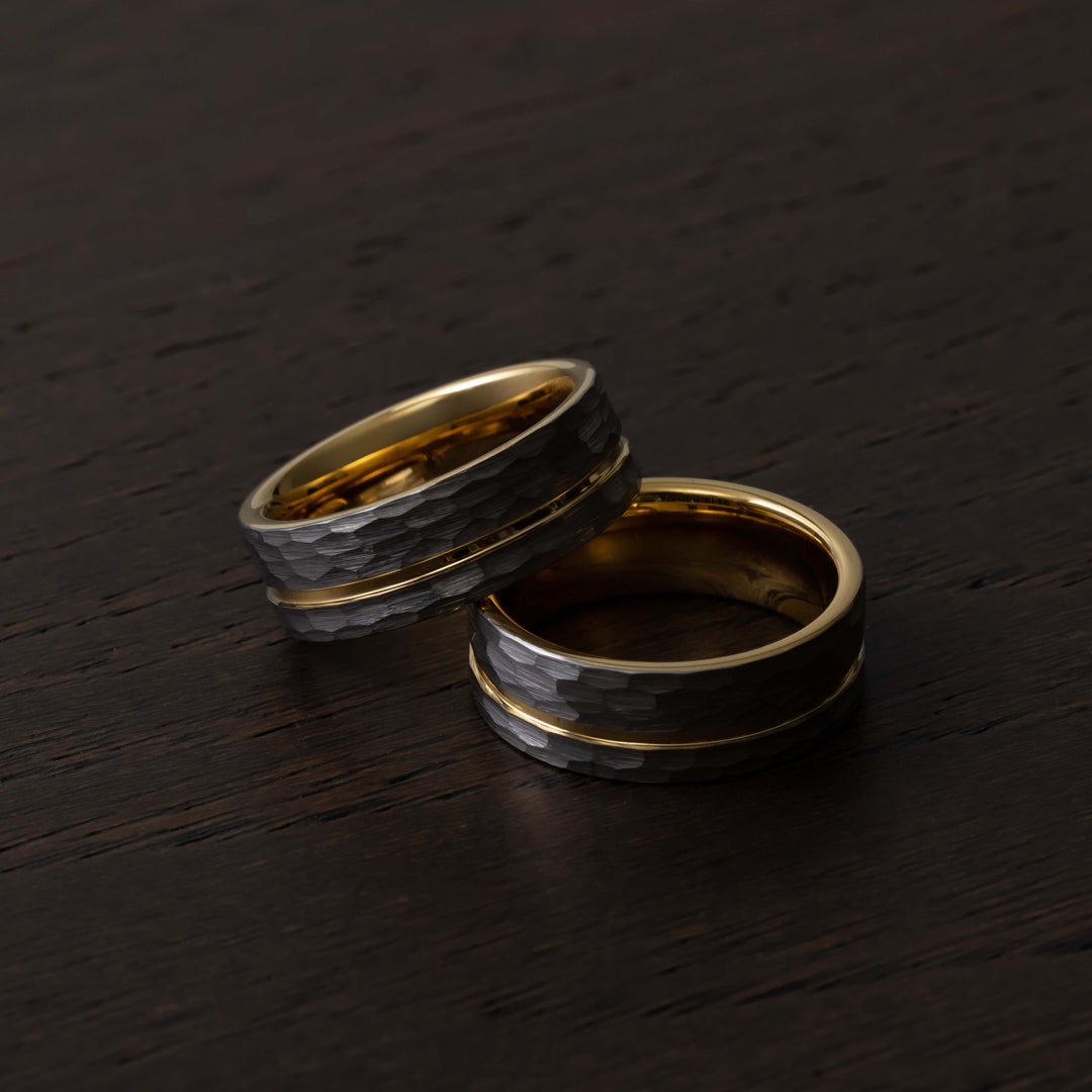 Silver Hammered Gold Strip Inlay Tungsten Wedding Band - in 8mm Width