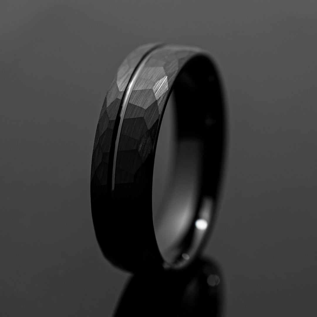 Black Hammered Strip Wedding Ring - in 6mm Width