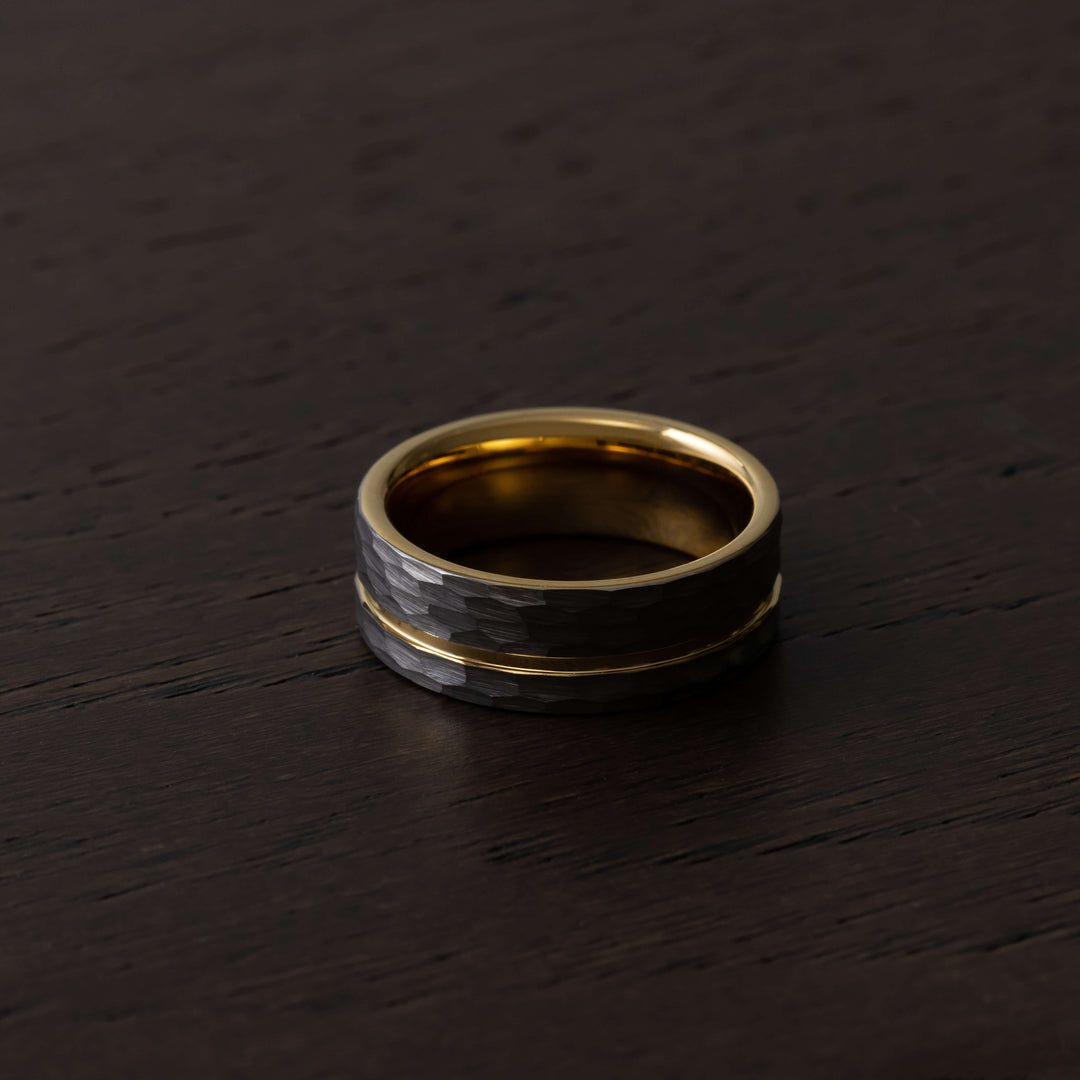 Silver Hammered Gold Strip Inlay Tungsten Wedding Band - in 8mm Width