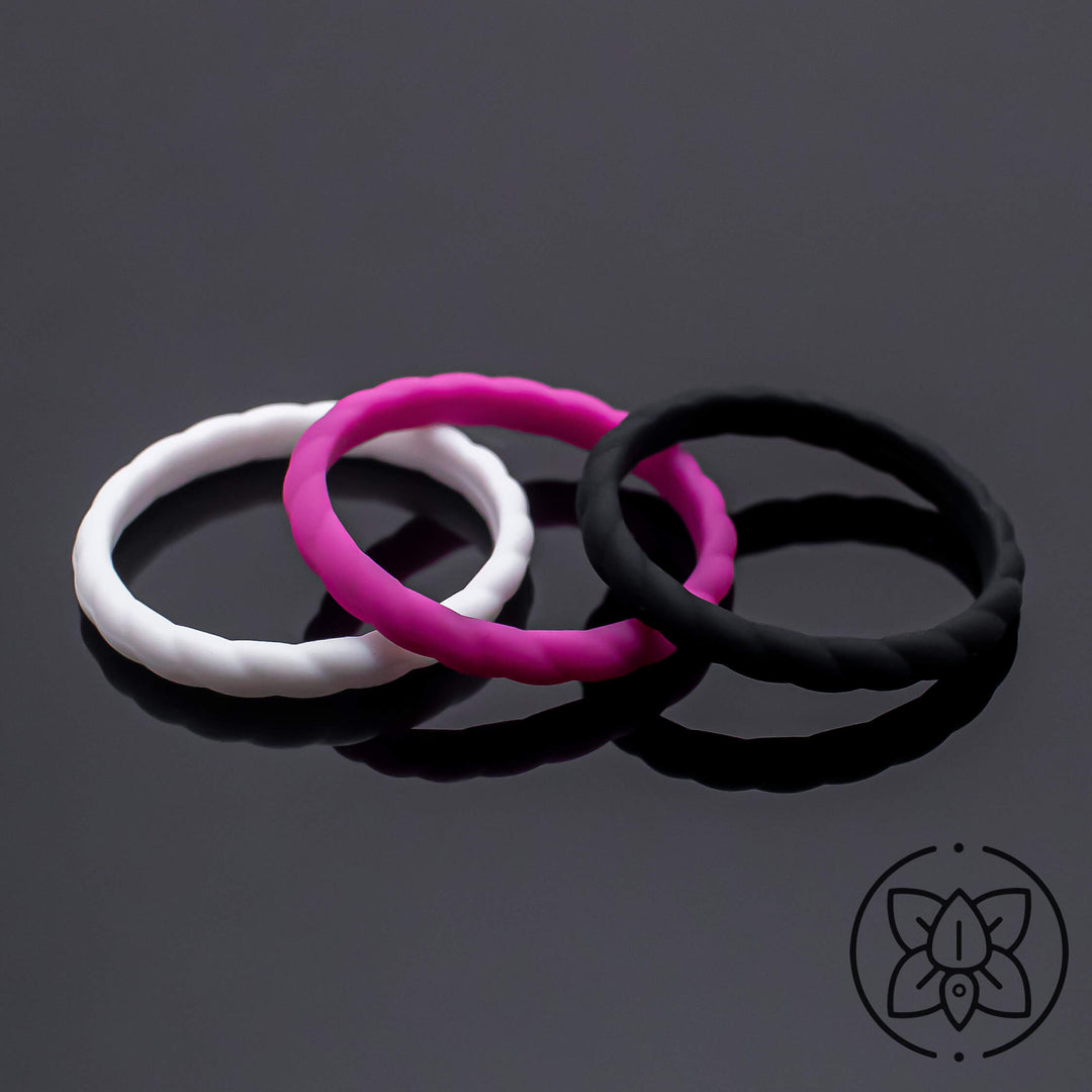 Women Silicone Wedding Bands | 3 Rubber Ring Set | White/Black/Plum Purple