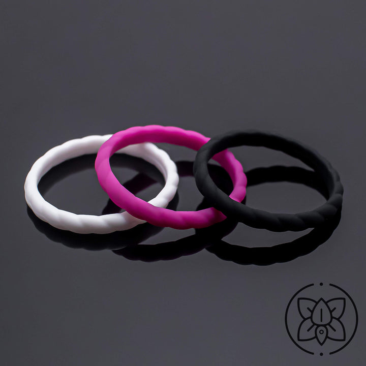 Women Silicone Wedding Bands | 3 Rubber Ring Set | White/Black/Plum Purple