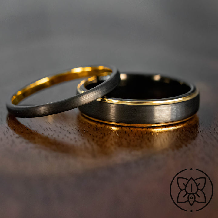 Black Brushed Obsidian-Style Gold Wedding Band Set | His and Hers | 2mm/5mm Bands