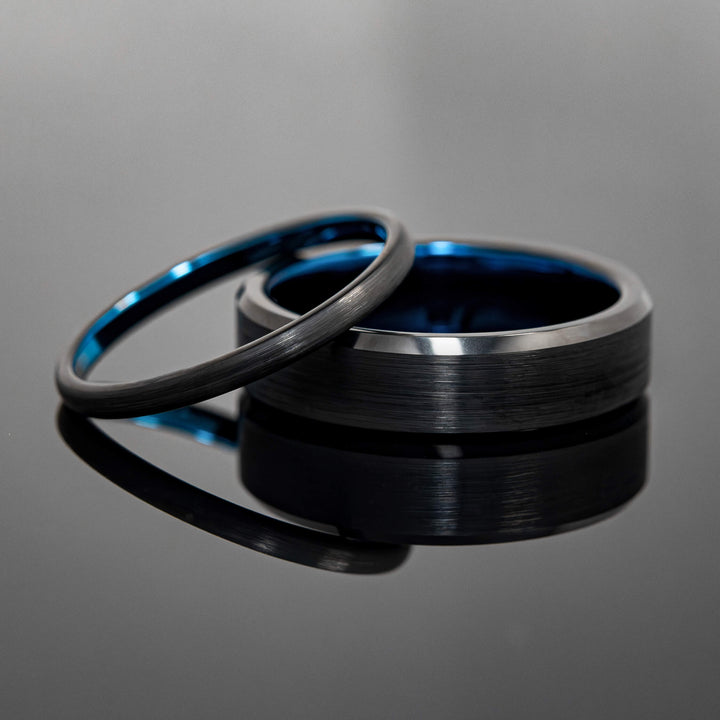Black Obsidian Brushed Tungsten Wedding Band with Blue Inlay | His and Hers | 2mm/6mm Bands