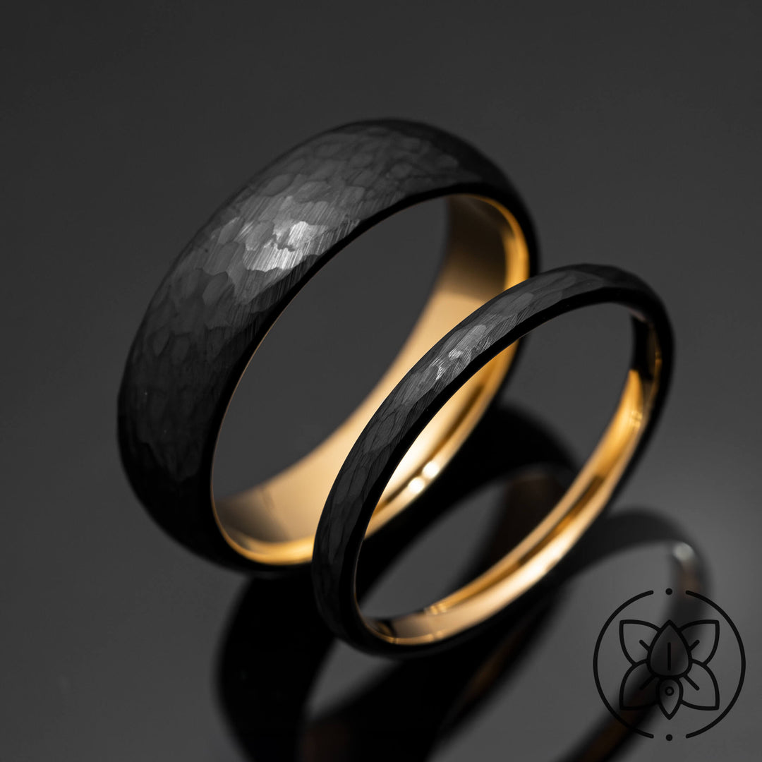 Black Gold Hammered Obsidian-Style Wedding Band Set His and Hers 2mm/6mm Bands