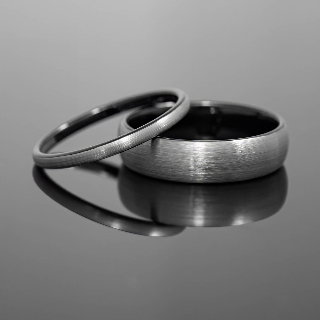 Silver Brushed Black Tungsten Wedding Ring Set | His and Hers | 2mm/6mm Widths