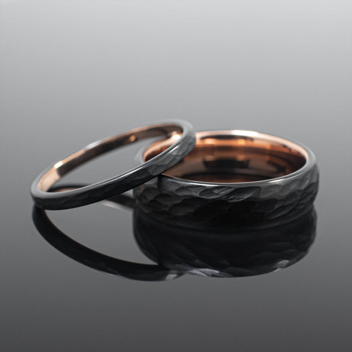 Black Rose Gold Hammered Obsidian-Style Wedding Band Set | His and Hers | 2mm/6mm Bands