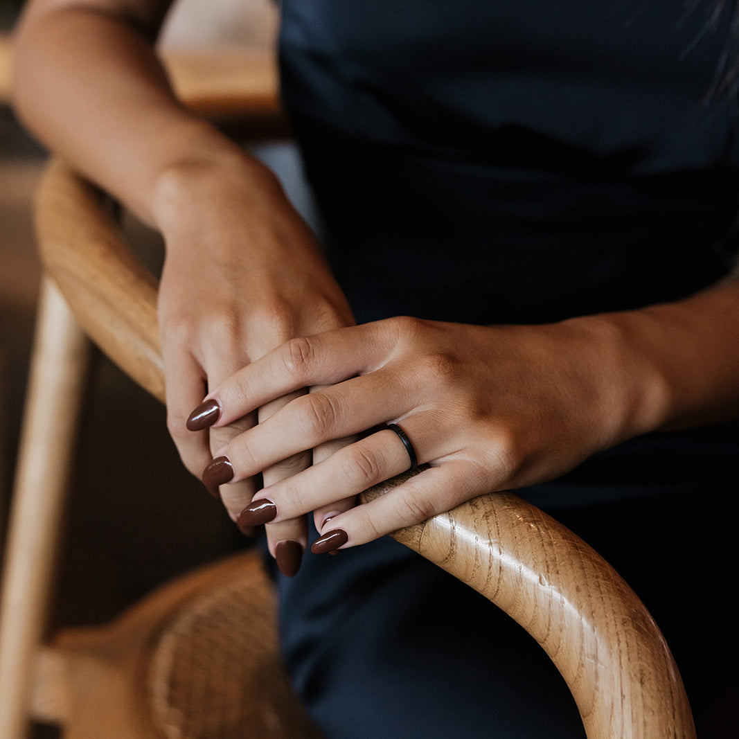 Black Brushed Obsidian-Style Gold Wedding Band Set | His and Hers | 2mm/5mm Bands