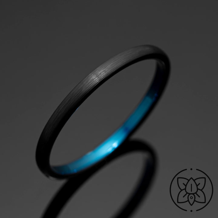 Black Obsidian Brushed with Blue Inlay Tungsten Ring - in 2mm Width