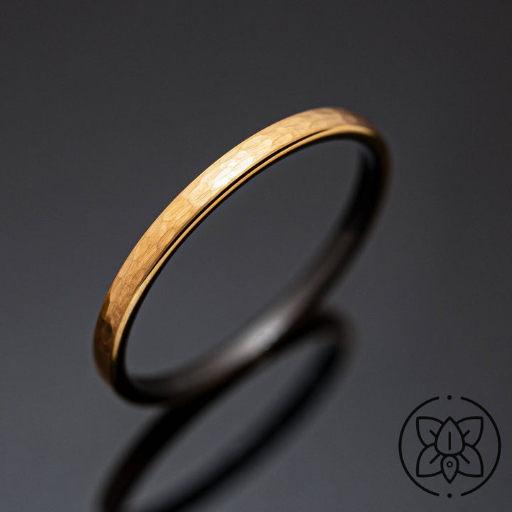 Hammered Brushed Yellow Gold Tungsten Band with Black inlay - in 2mm Width