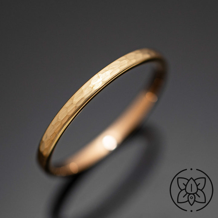 Hammered Brushed Yellow Gold Tungsten Band with Rose Gold inlay - in 2mm Width