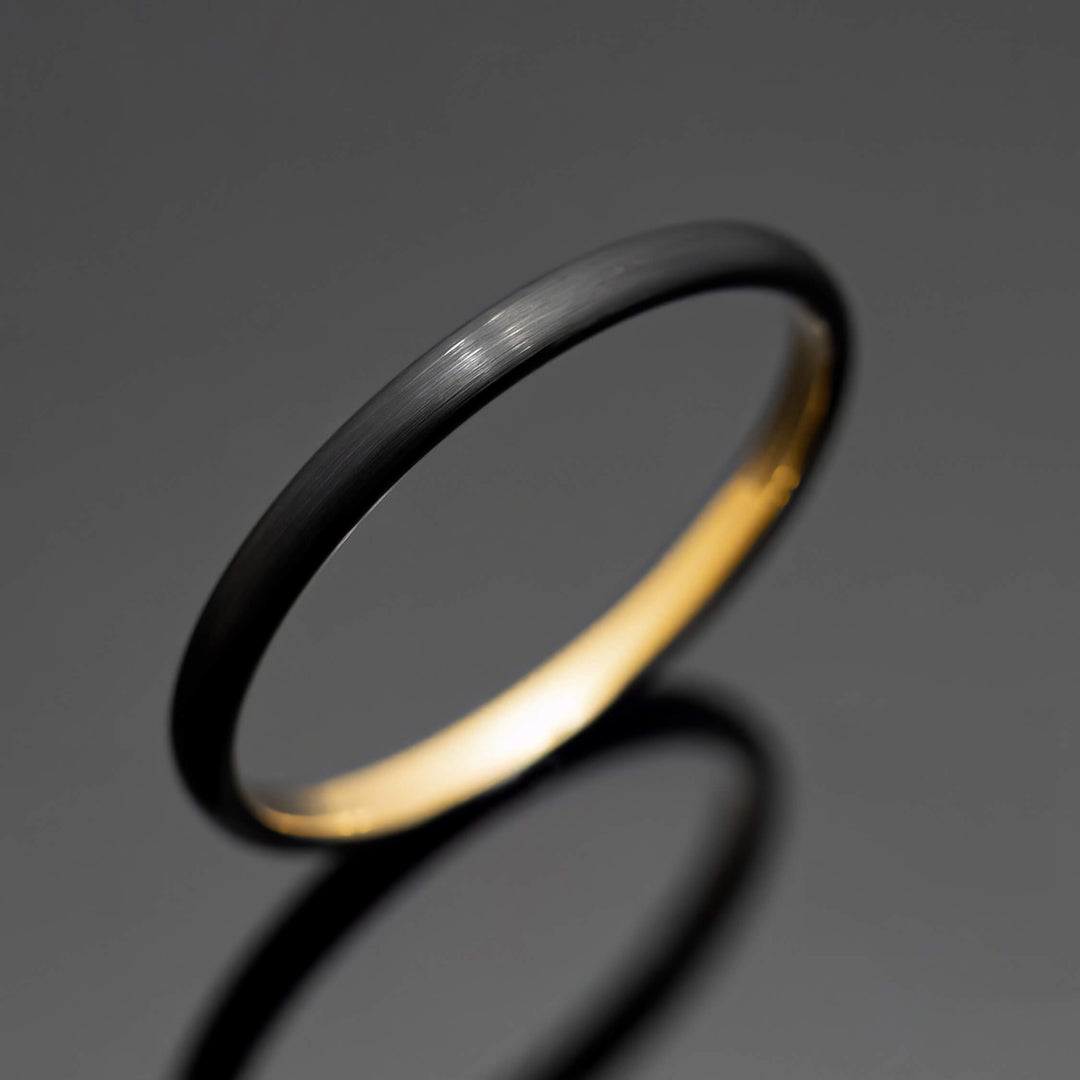 Black Brushed Obsidian-Style Gold Wedding Band Set | His and Hers | 2mm/5mm Bands