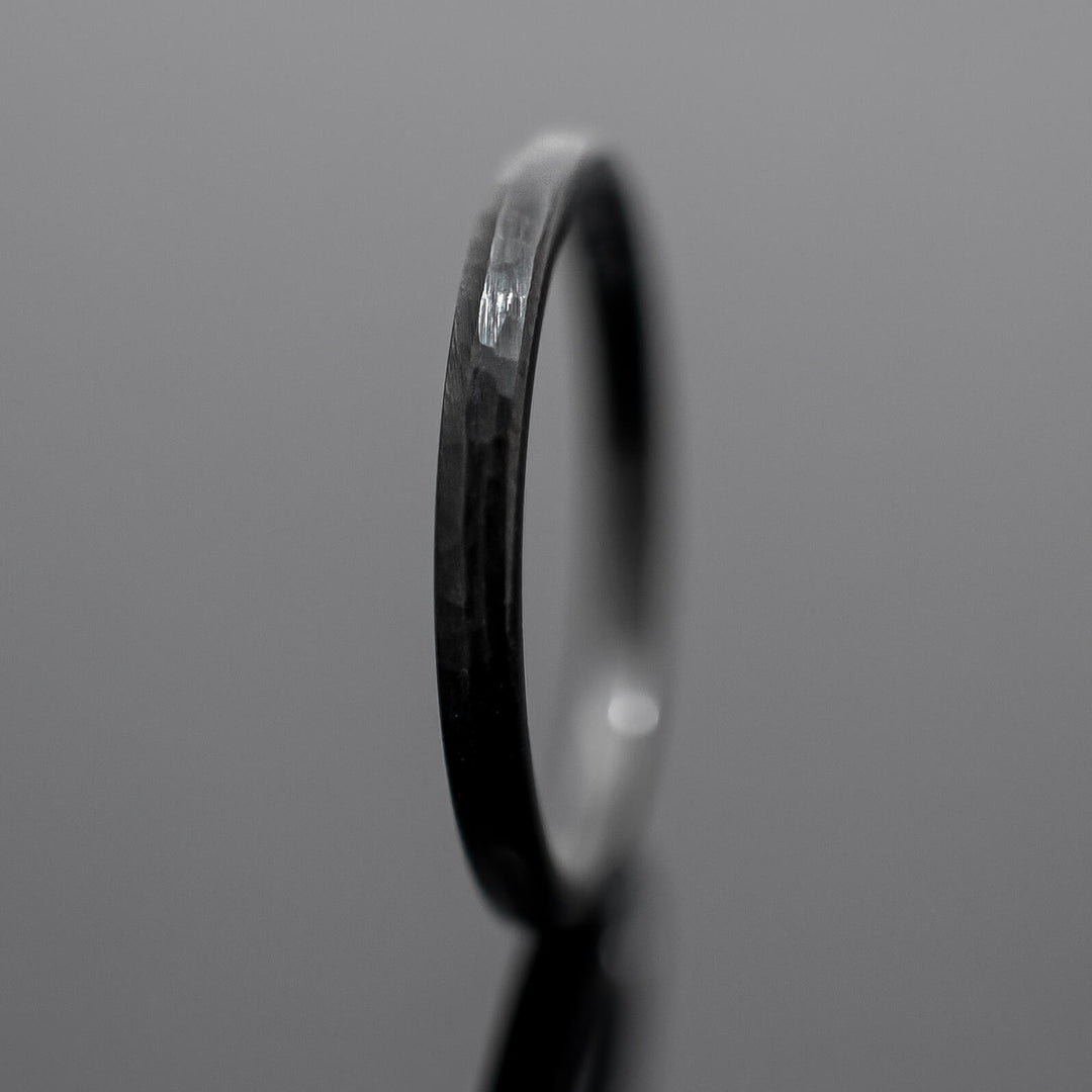 Black Obsidian Hammered Tungsten Ring - in 2mm Width