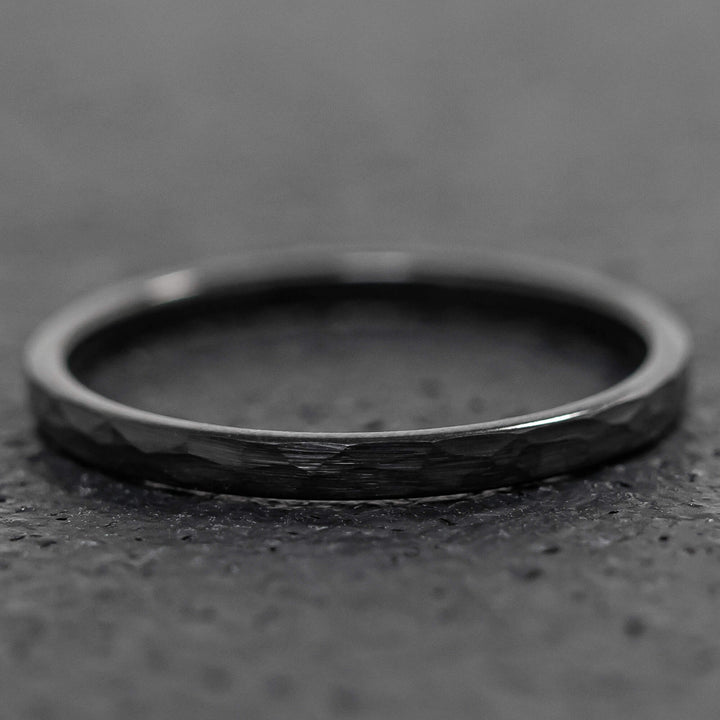 Black Obsidian Hammered Tungsten Ring - in 2mm Width