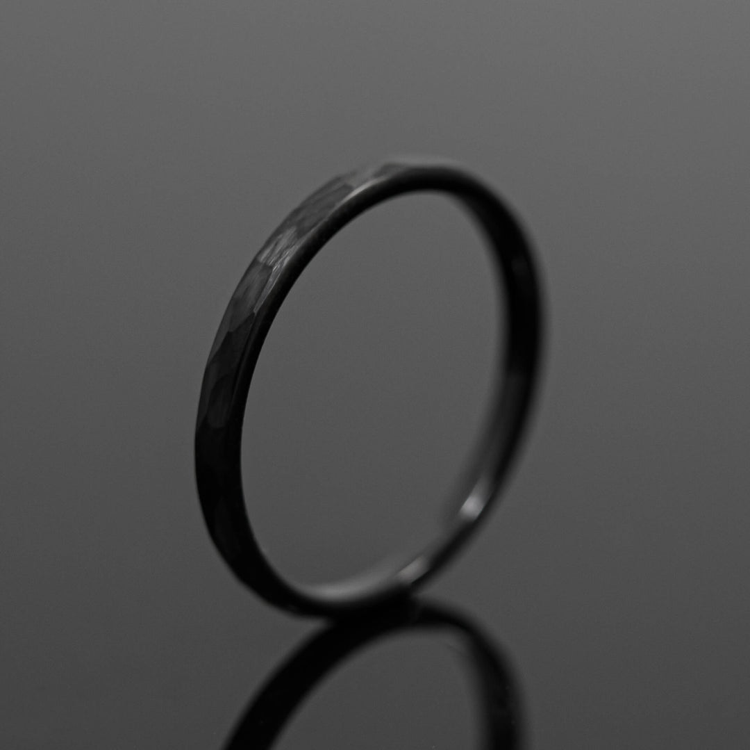 Black Obsidian Hammered Tungsten Ring - in 2mm Width