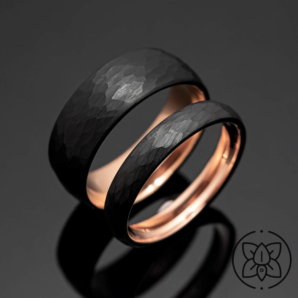 Black Rose Gold Hammered Obsidian-Style Wedding Band Set His and Hers  4mm/8mm Bands