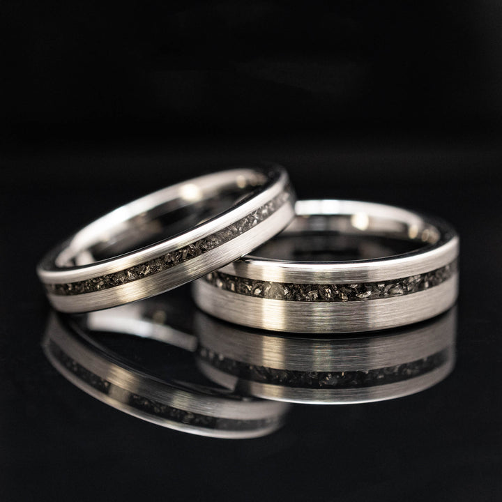 Silver Brushed Meteorite Tungsten Wedding Ring Set | His and Hers | 4mm/6mm Widths